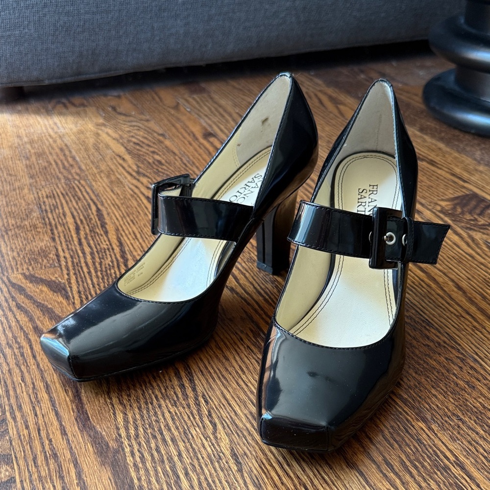 Franco Sarto Black Patent Mary Jane Block Heels with Buckle Strap